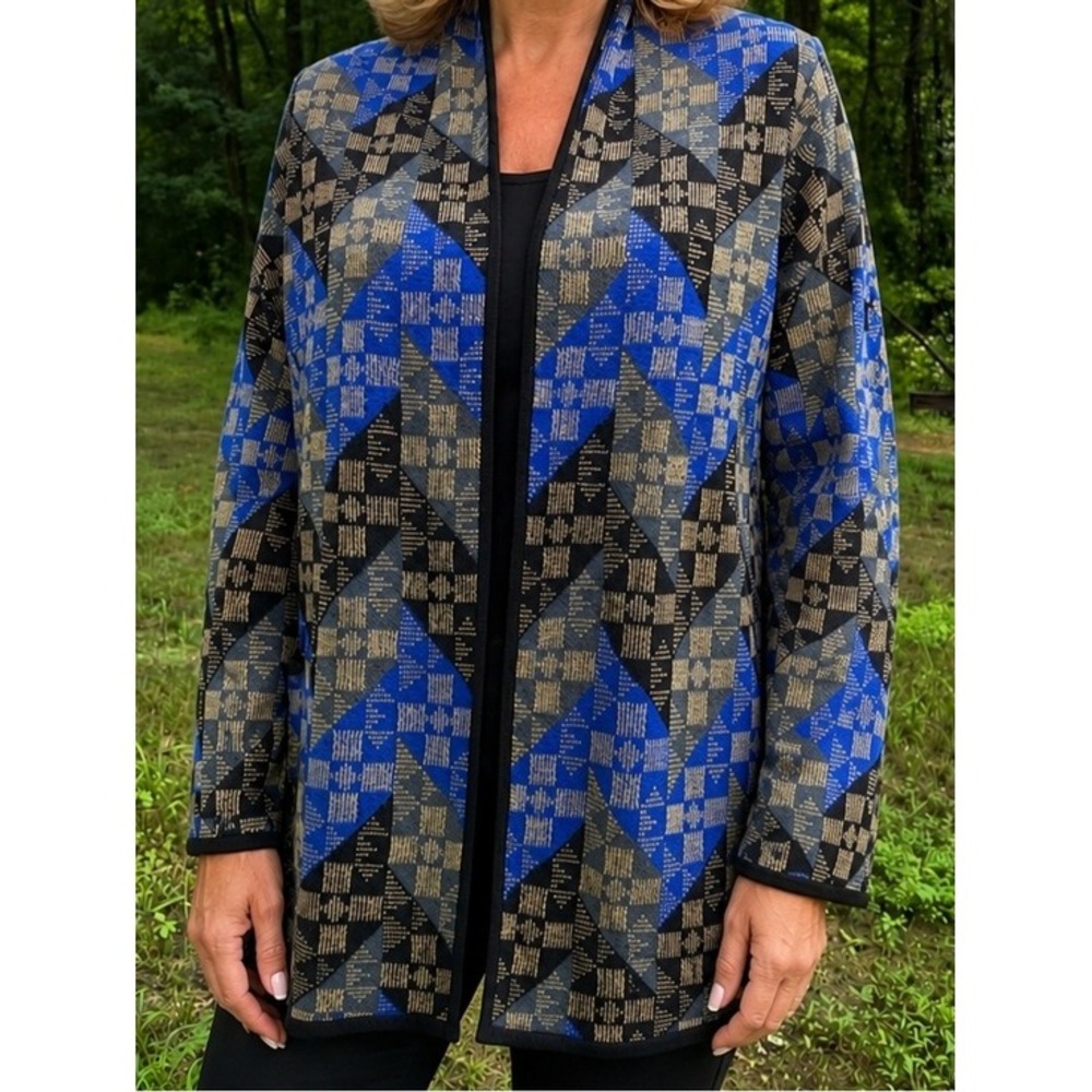 Vintage 90s Y2K Geometric Jacquard Open Front Cardigan Jacket Artsy Boho S